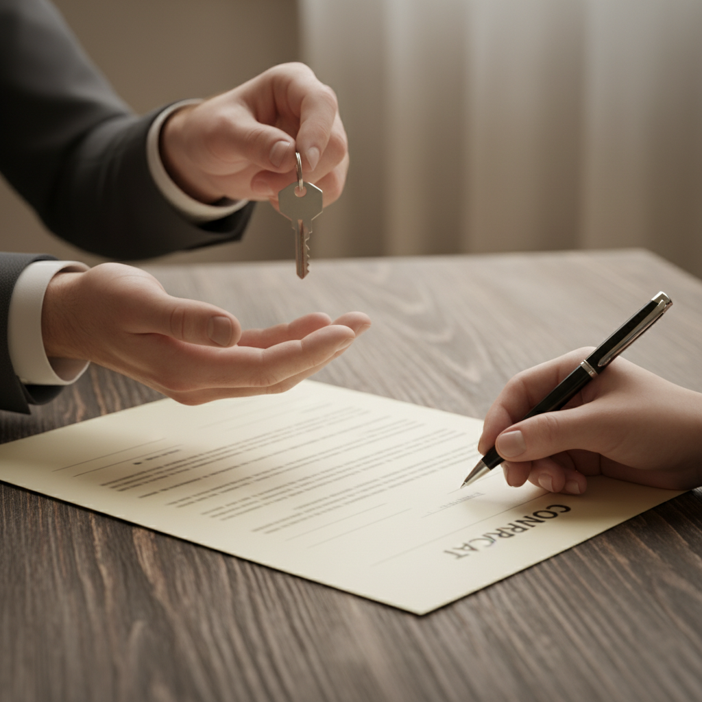 Close-up of hands exchanging keys and signing a real estate contract, illustrating real estate negotiation tactics and secure closing on Houseup