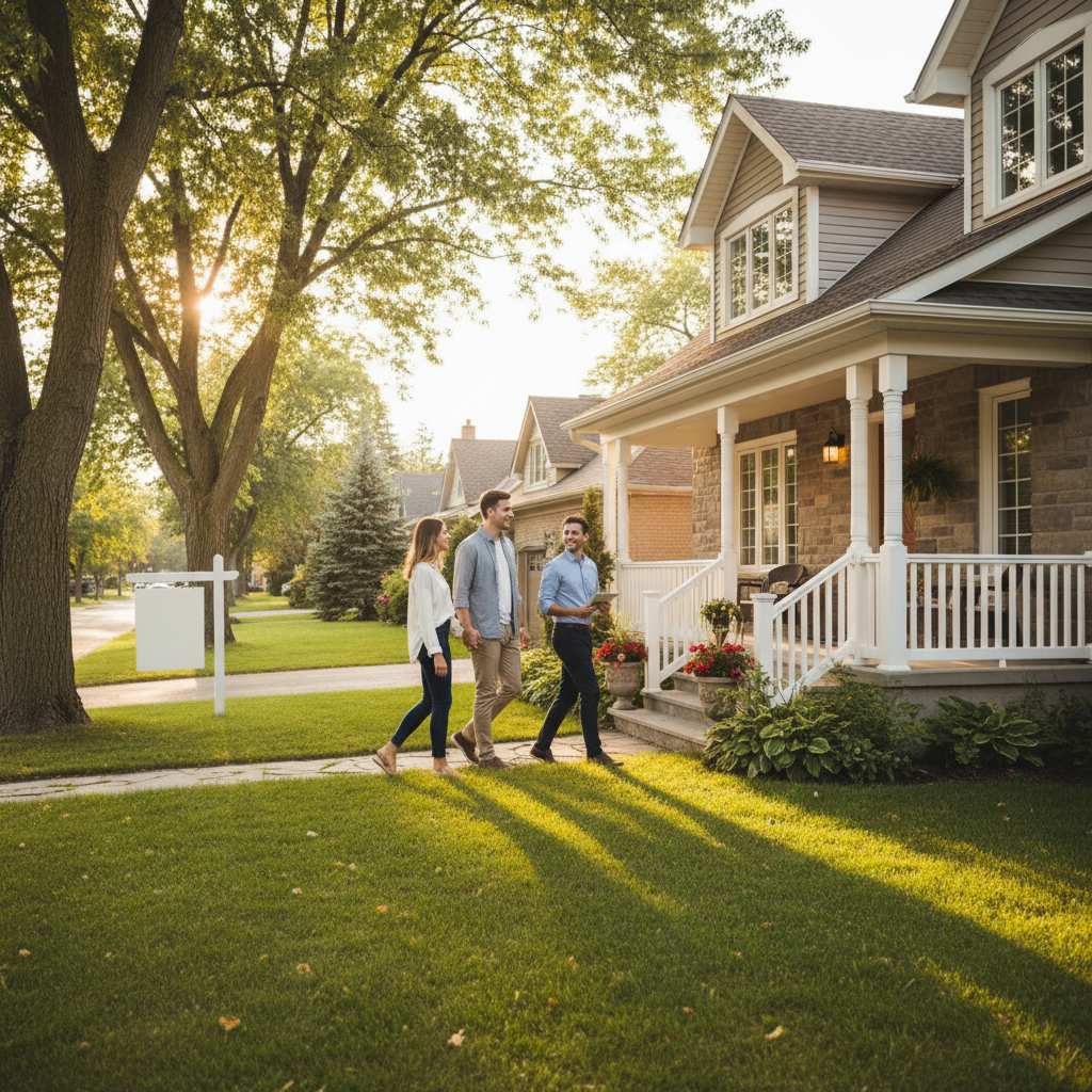 Couple touring a suburban Canadian home at golden hour, illustrating timed showings and negotiation momentum on a social real estate platform
