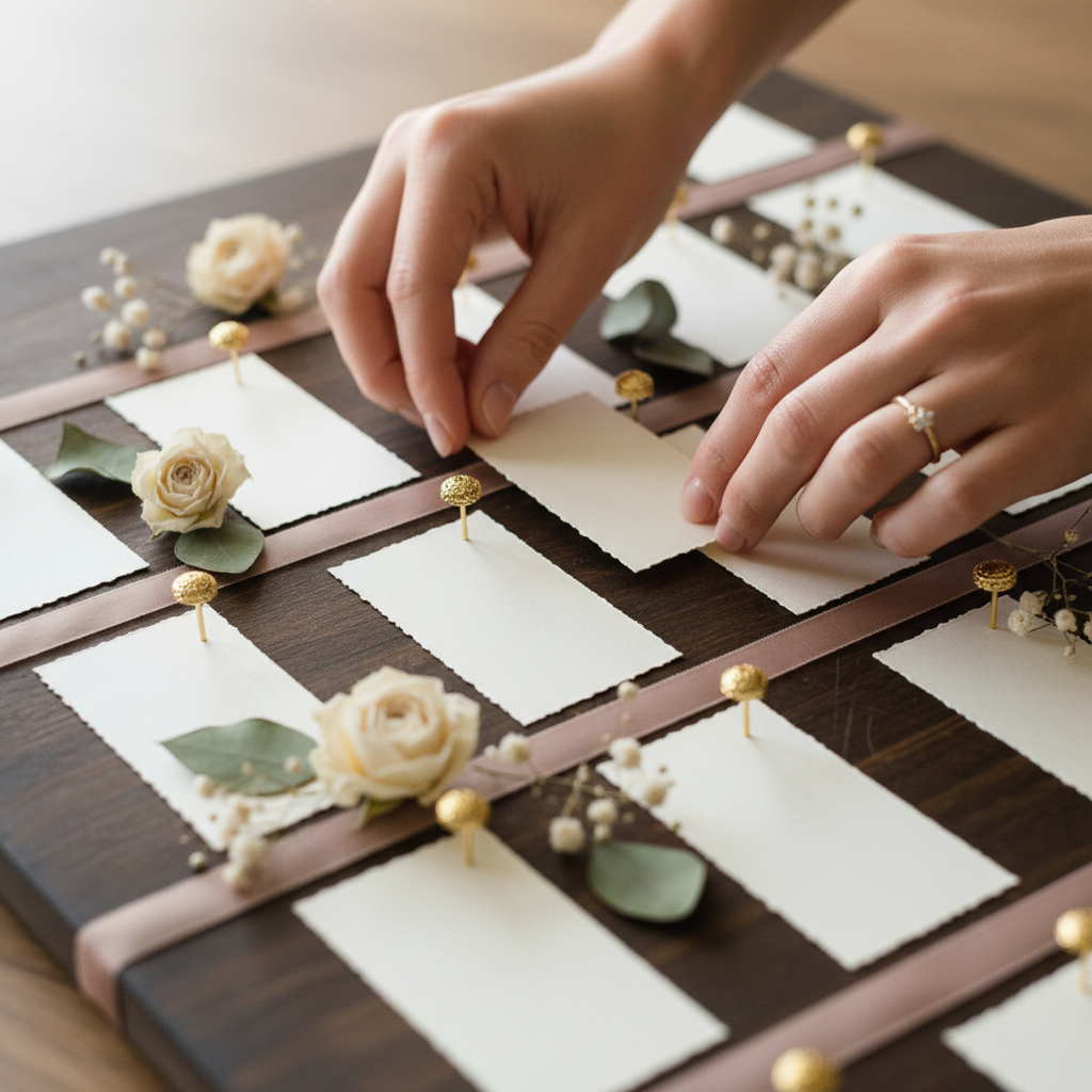 Close-up detail of a seating chart being arranged as part of anniversary celebration planning at an elegant Mississauga event venue