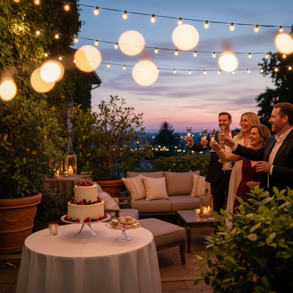 Outdoor patio anniversary toast with string lights at Mississauga Convention Centre, perfect for welcome hour and photos before a ballroom dinner