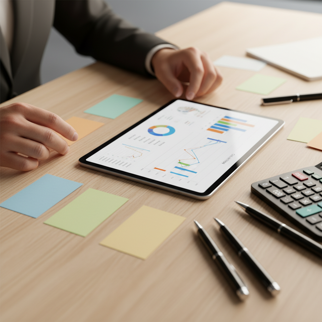 Close-up of hands organizing strategic planning cards beside a tablet with financial dashboards and cash flow charts