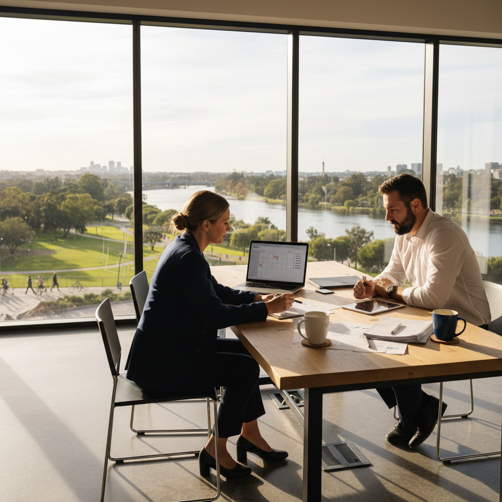 Advisor and business owner meeting in a modern Parramatta office discussing strategy and compliance timelines