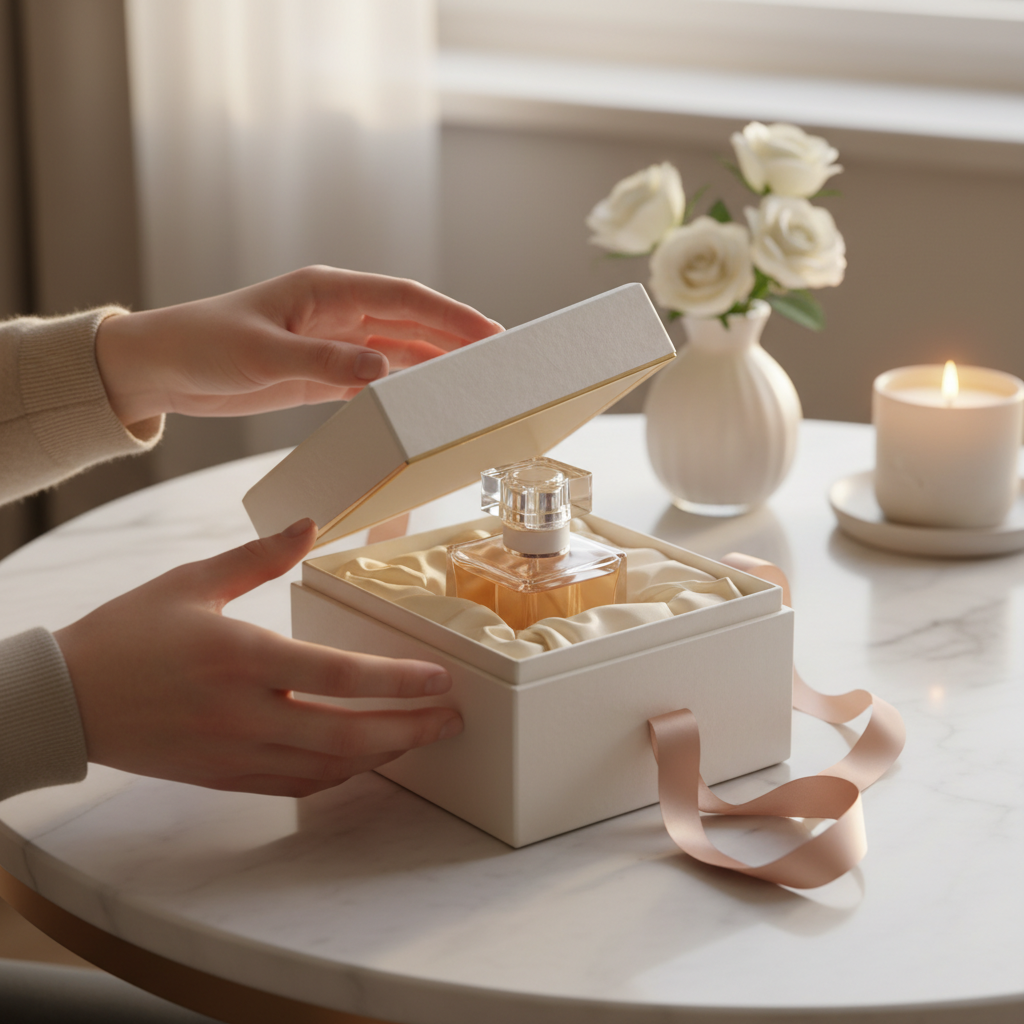Elegant gift-ready perfume box being unboxed with ribbon and tissue paper, representing Canadian perfume brand packaging and gifting experience