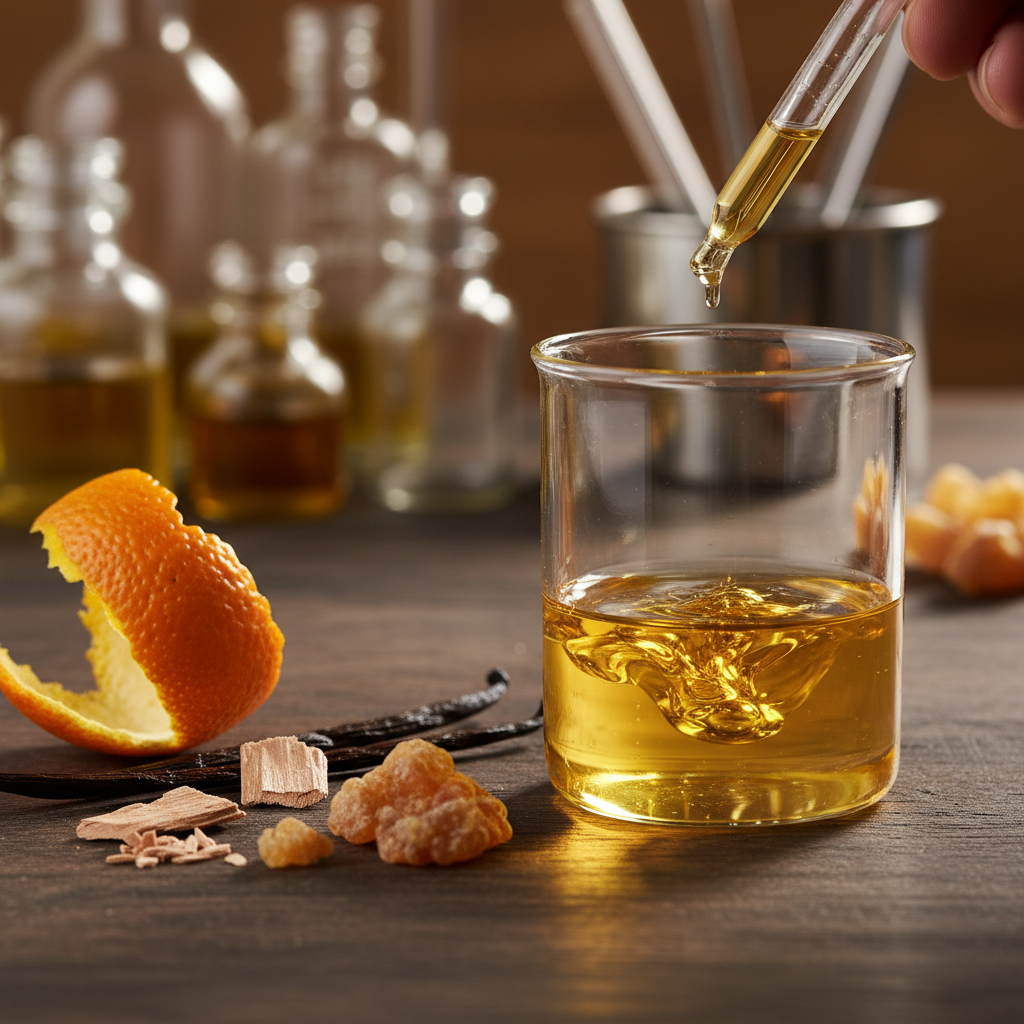 Close-up of a perfumer blending fragrance oils with a pipette beside bergamot peel, cedarwood, vanilla, and amber resin, illustrating Canadian perfume brand craftsmanship