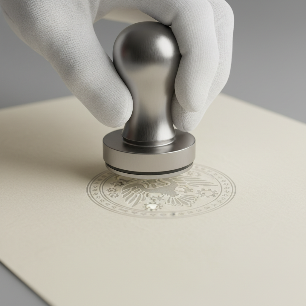 Close-up of a notary applying an embossed seal to a statutory declaration, illustrating professional statutory declaration notary services in Brampton