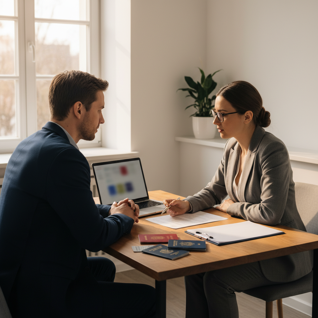 Client and notary meeting in a Brampton law office conference room to complete a statutory declaration, showing a professional notarization process
