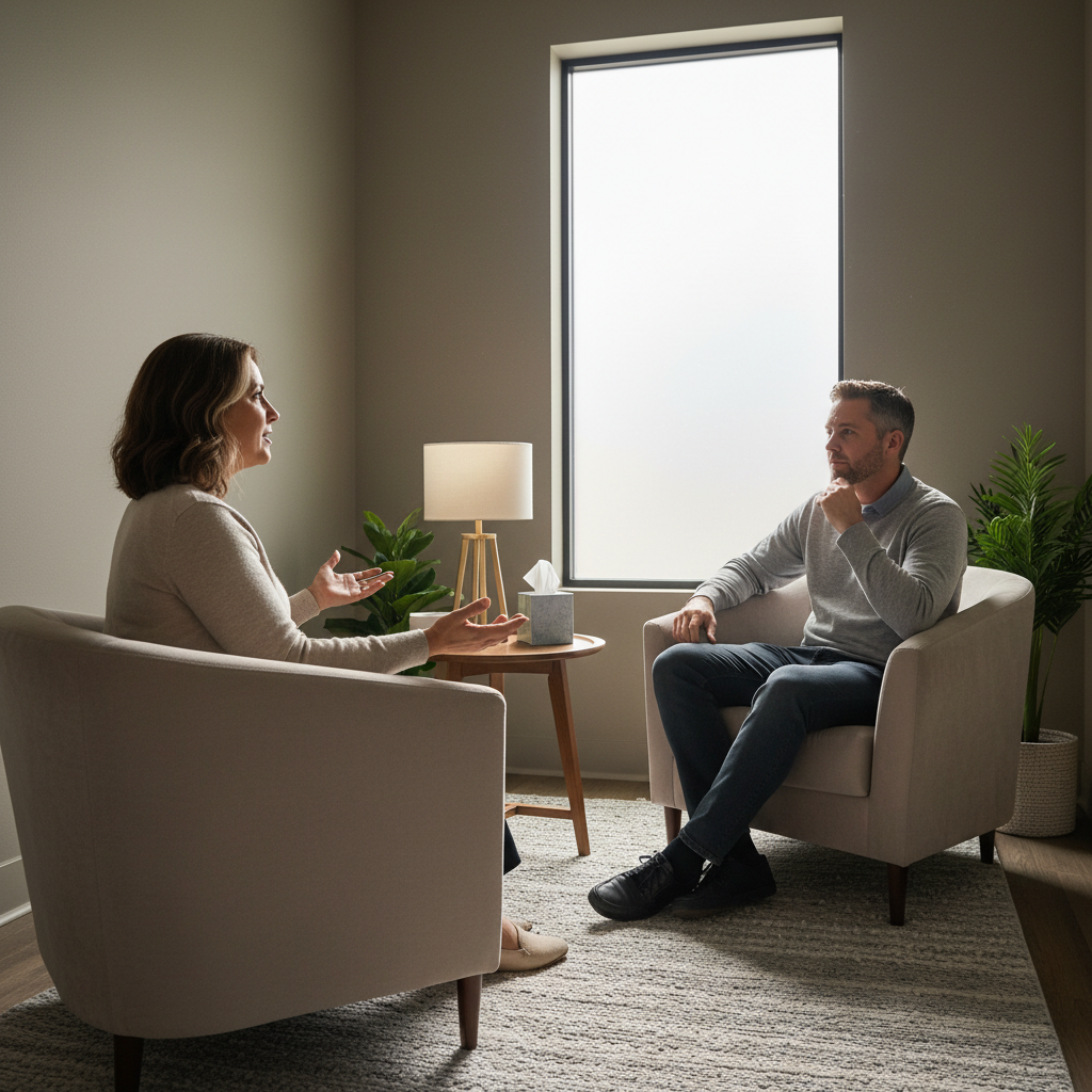 Private counseling session in an outpatient methadone clinic supporting long-term recovery and mental health alignment