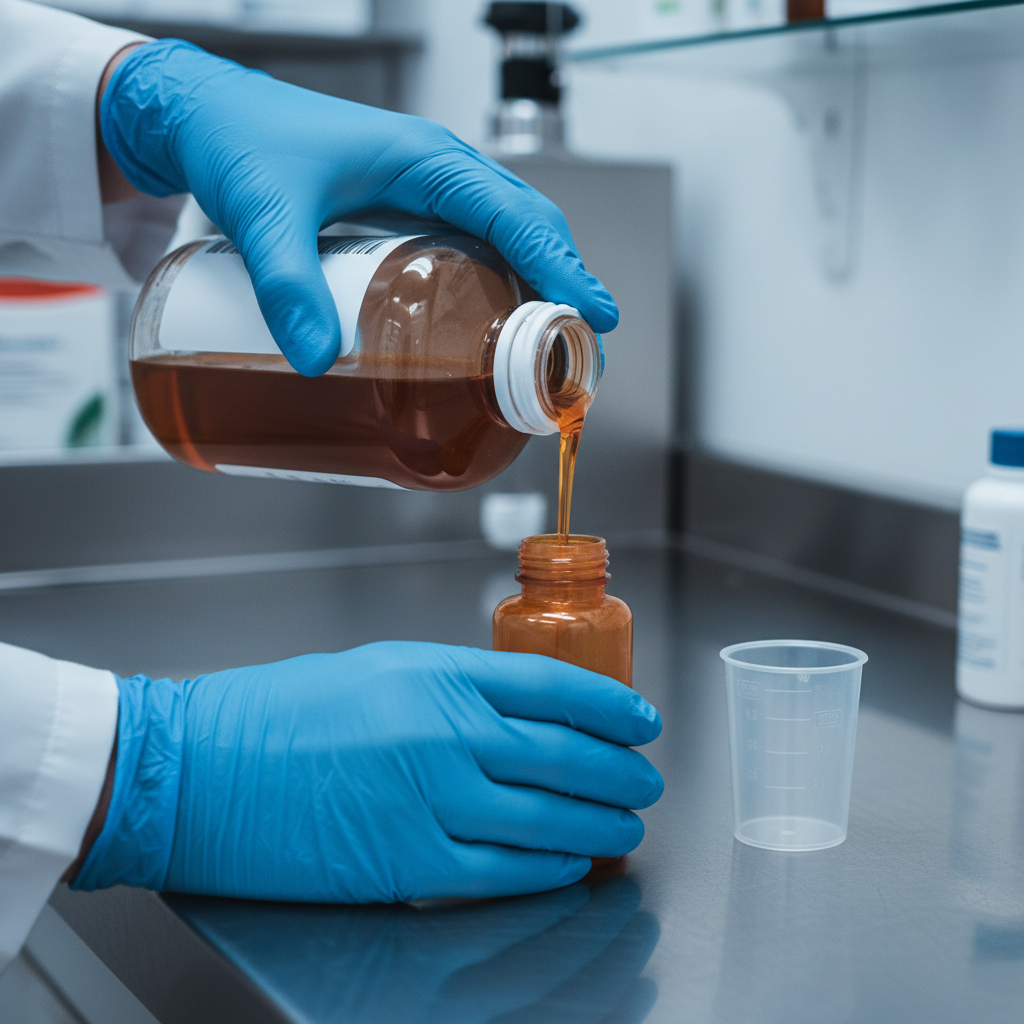 Close-up methadone dosing at a methadone maintenance clinic with amber bottle and medicine cup, illustrating safe supervised treatment