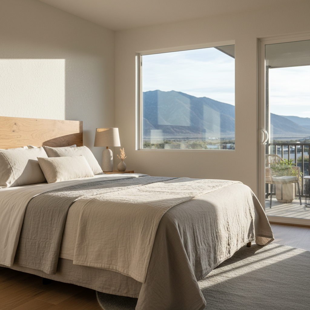 Renovated North Conway motel room with mountain view and enclosed porch, modern bedding and soft neutral colors