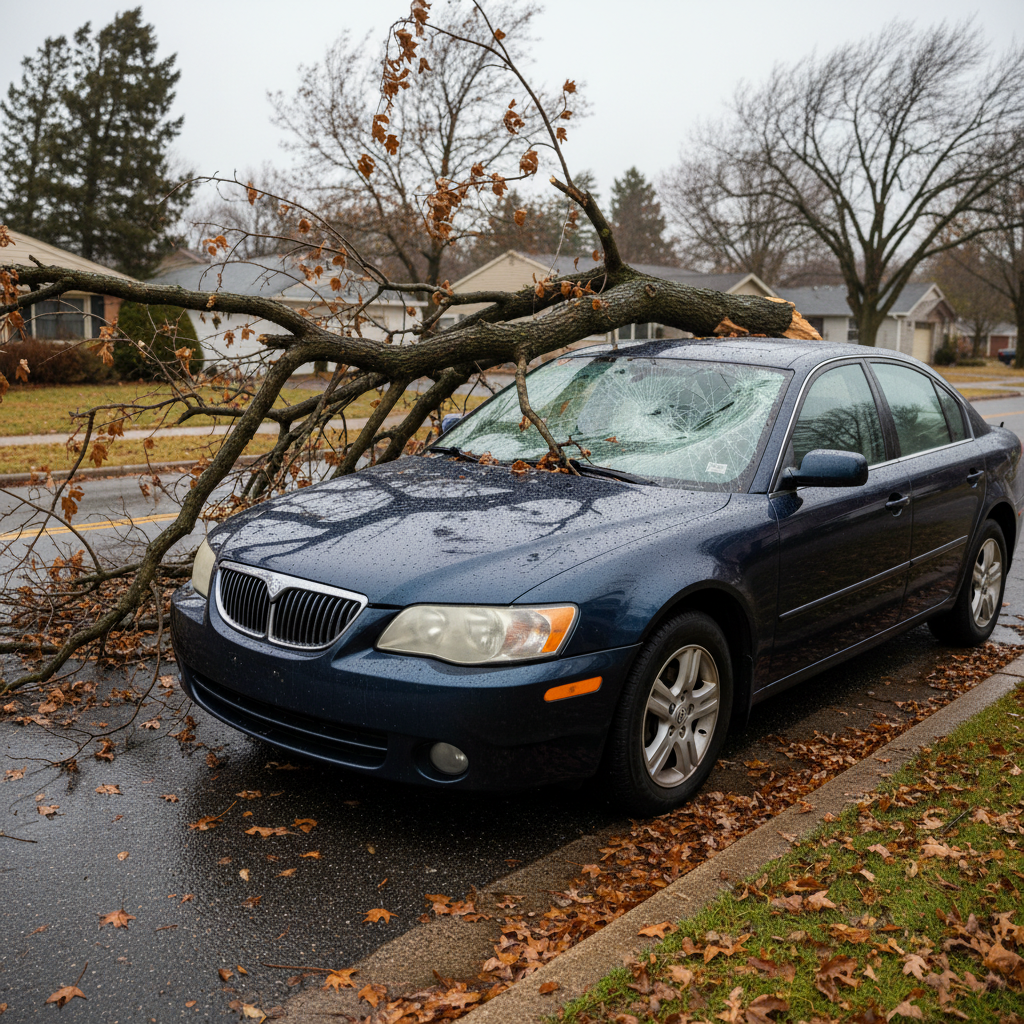 Fallen tree branch on a parked car hood after an Ontario windstorm; realistic scene illustrating comprehensive coverage for falling objects