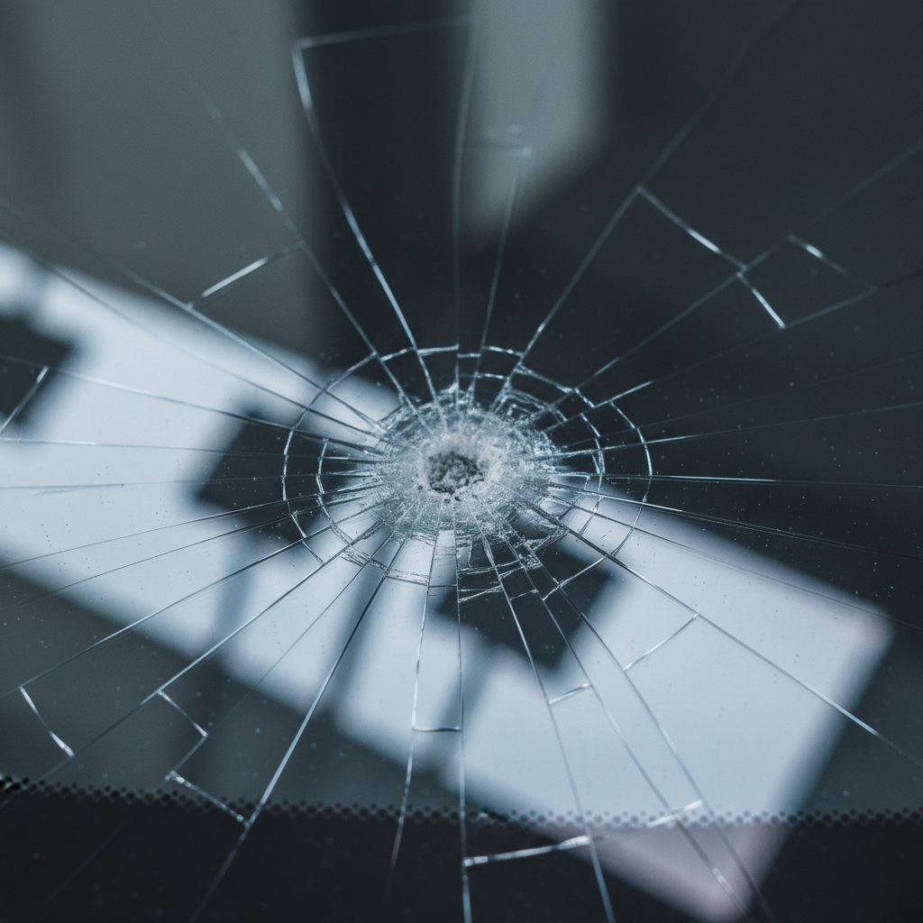 Close-up cracked windshield from stone chip showing detailed fracture lines; Ontario highway context; comprehensive auto insurance glass coverage example
