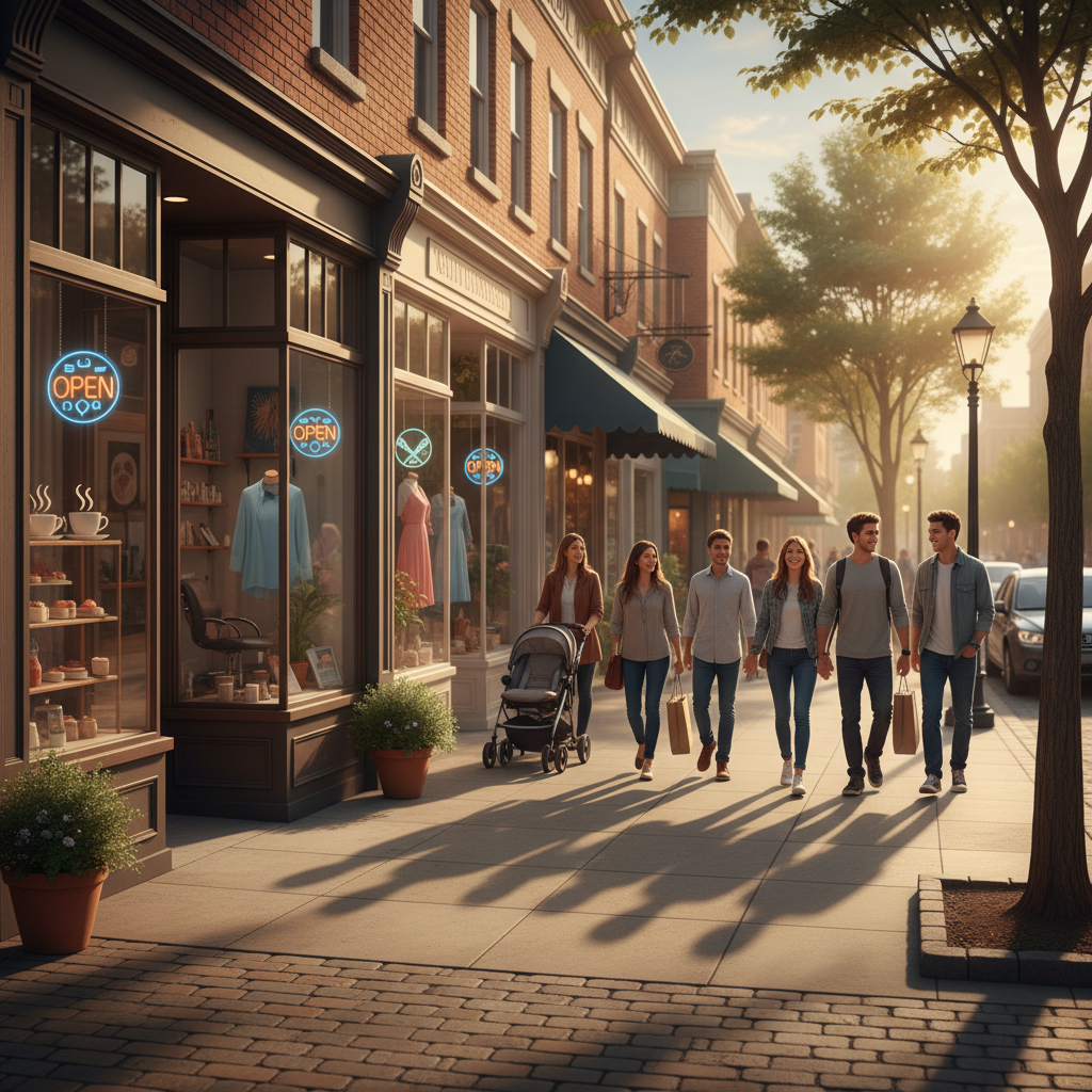 Main Street scene of American local small businesses benefiting from local SEO and increased foot traffic