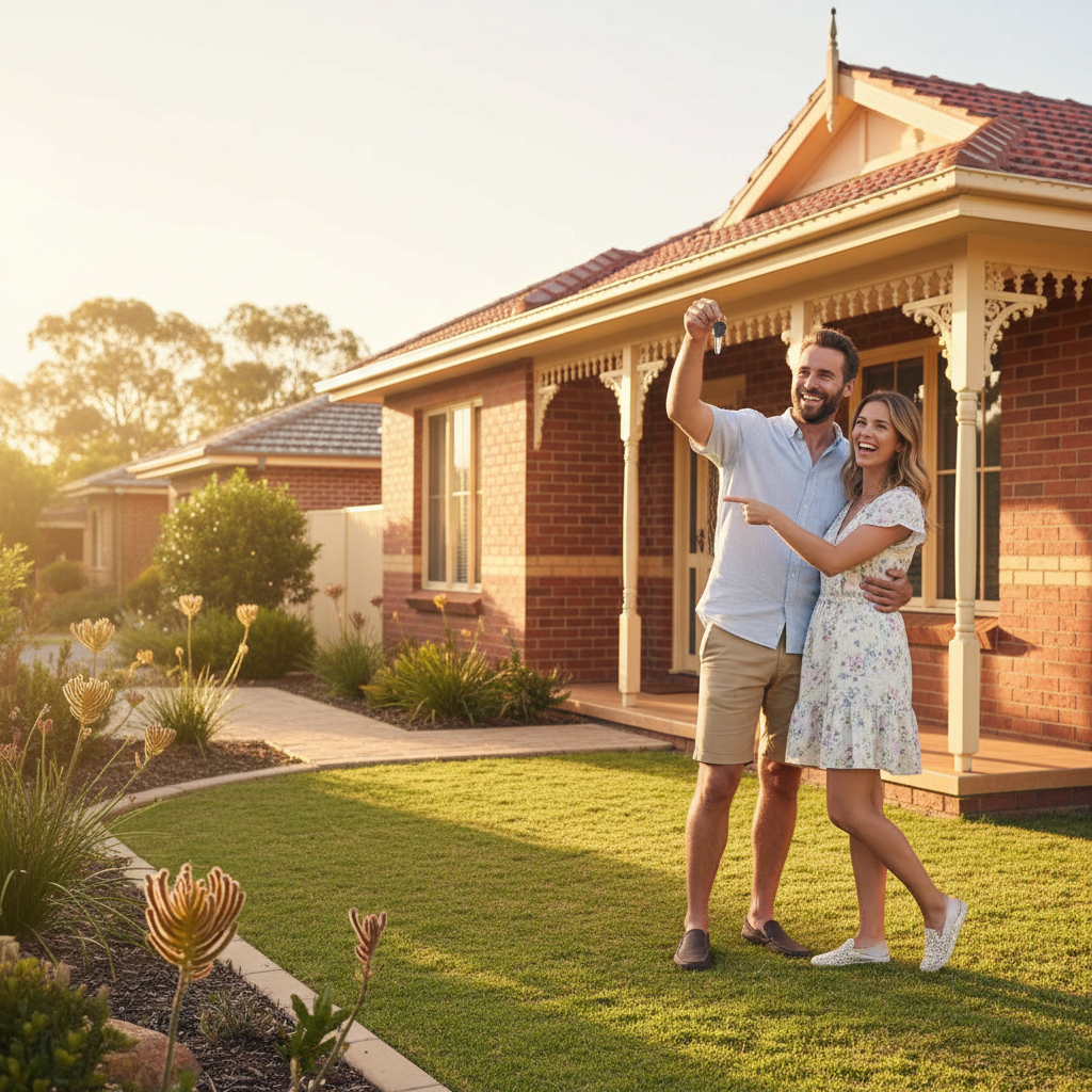 Happy Australian homeowners outside a suburban house after choosing a mortgage with broker support