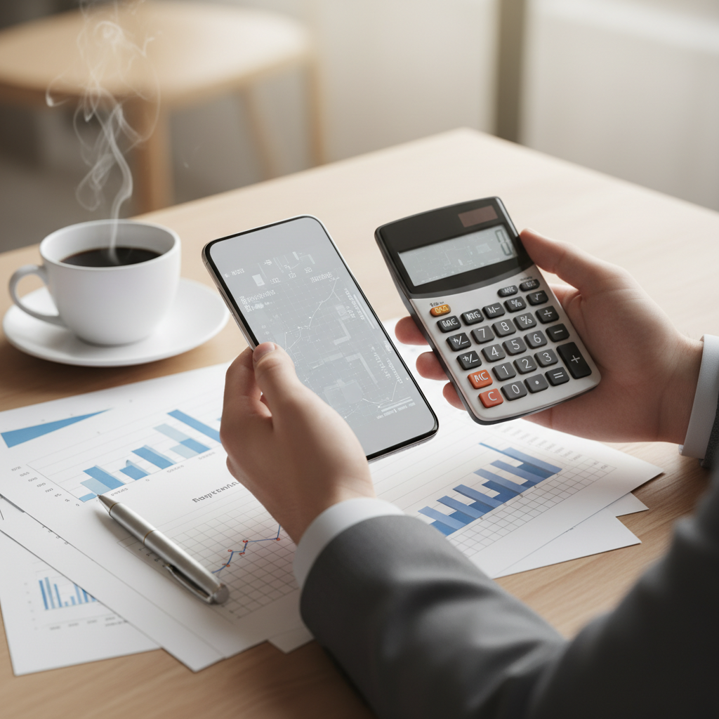 Close-up of smartphone and calculator beside loan comparison sheets illustrating a mortgage broker vs bank analysis