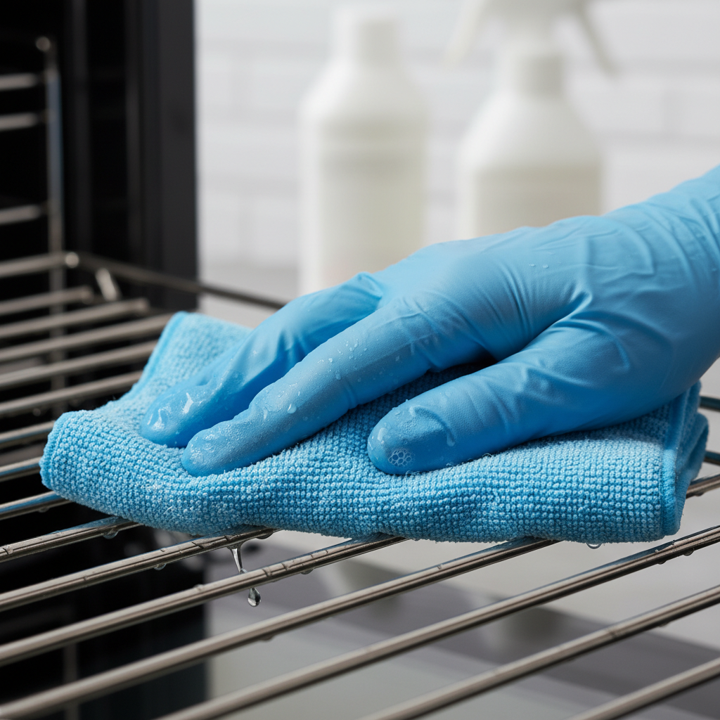 Close-up oven cleaning in a Saskatoon home, appliance cleaning with microfiber cloth as part of residential cleaning Saskatoon