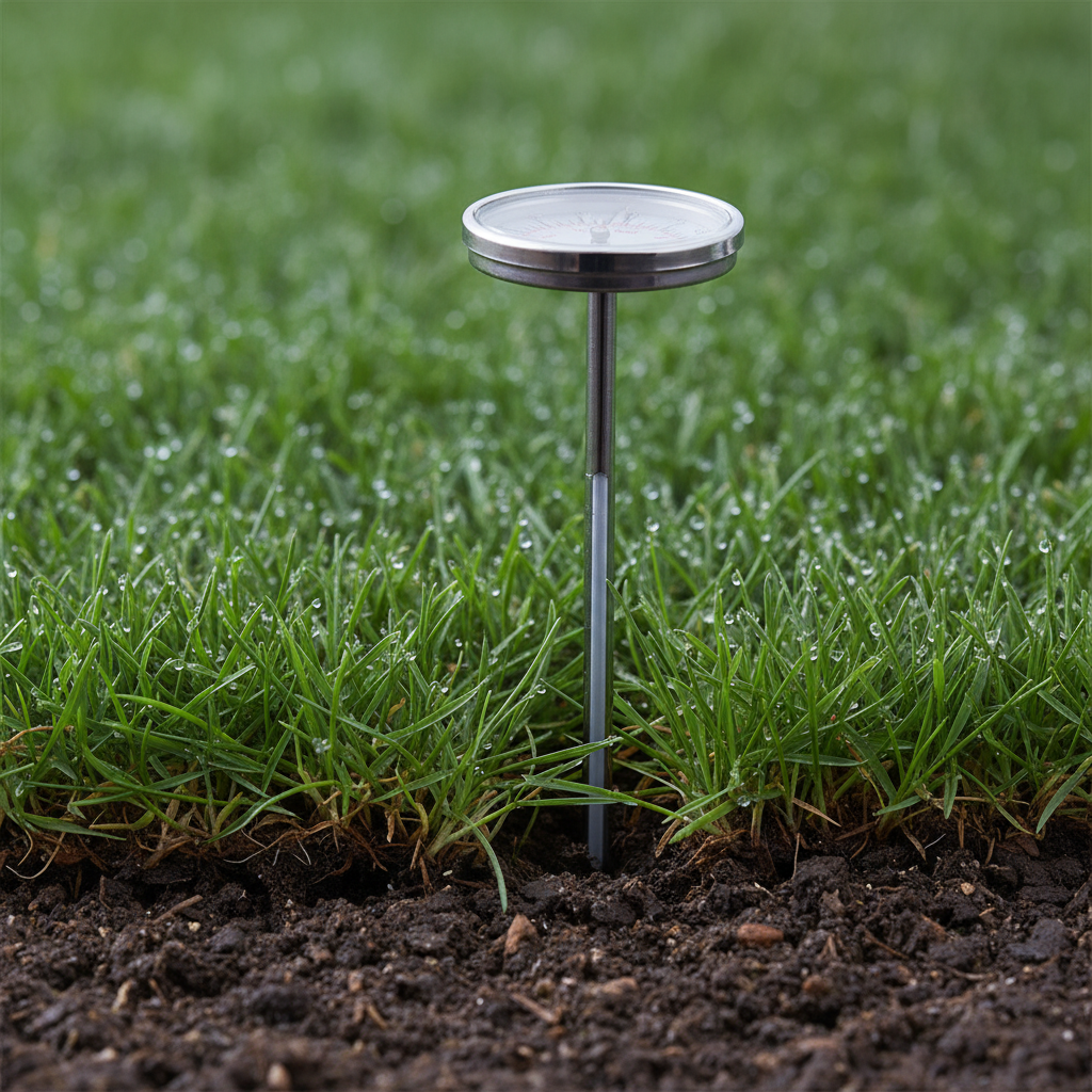 Close-up of soil thermometer at 3–4 inches depth beside a tight sod seam, showing proper soil temperature for sod installation timing in the GTA