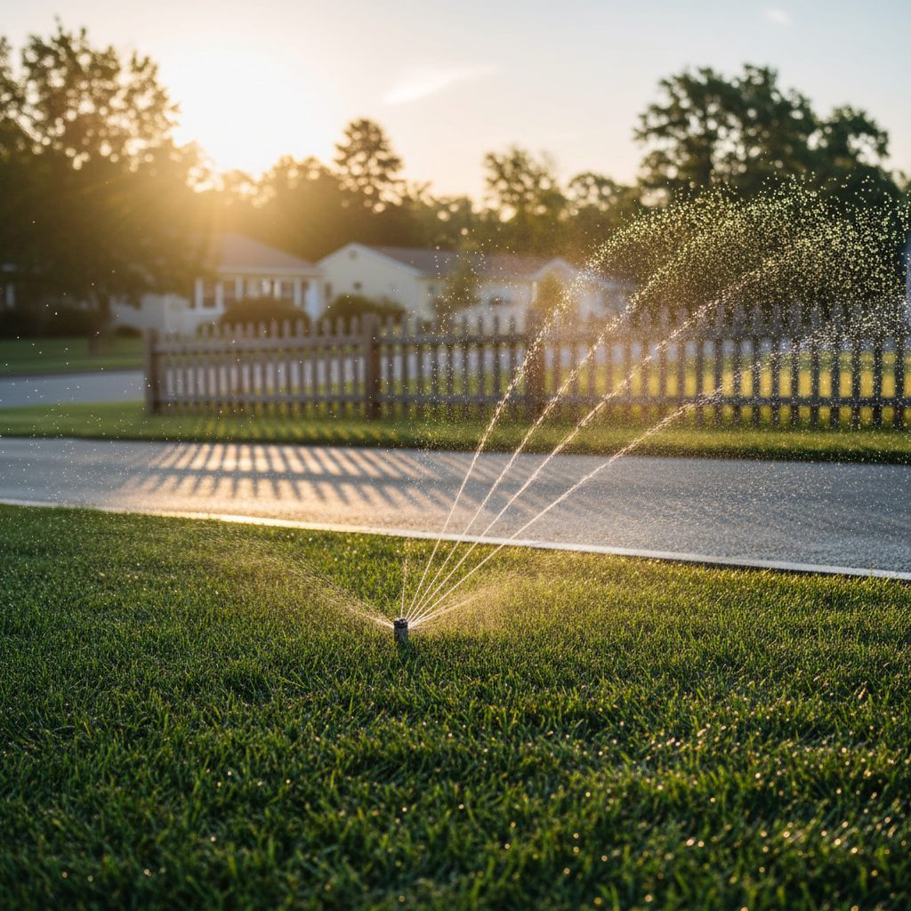 Early morning watering with oscillating sprinkler on new sod in a Mississauga front yard, illustrating correct sod installation timing and irrigation