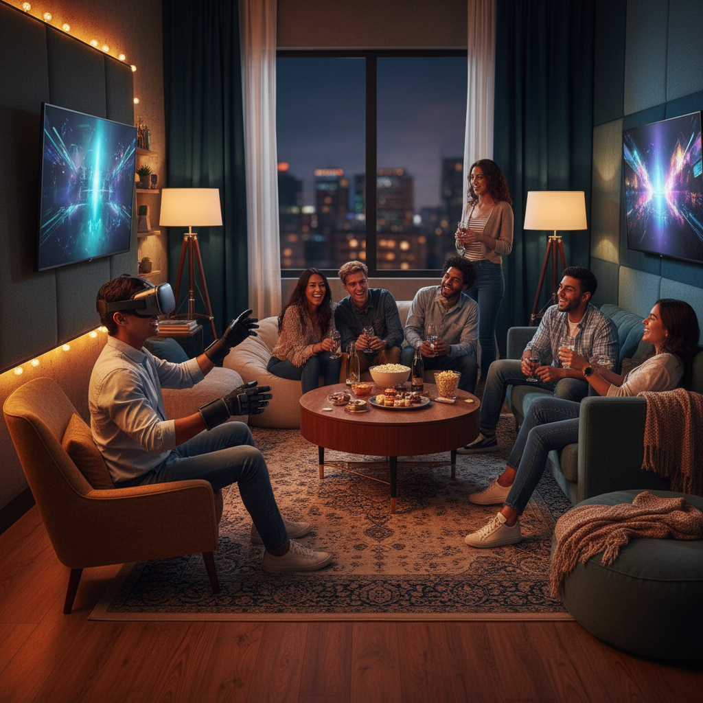 Private party room lounge scene with friends watching gameplay on large TVs while a player uses a VR headset at The Next Level in London, Ontario