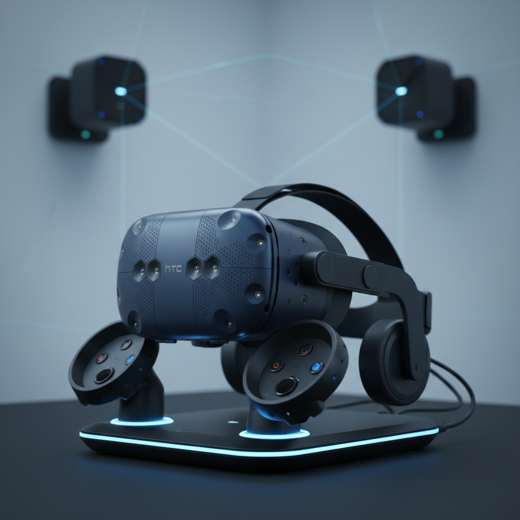 Close-up HTC Vive Pro headset and motion controllers on a dock, ideal for VR arcade beginner tips about fit and comfort
