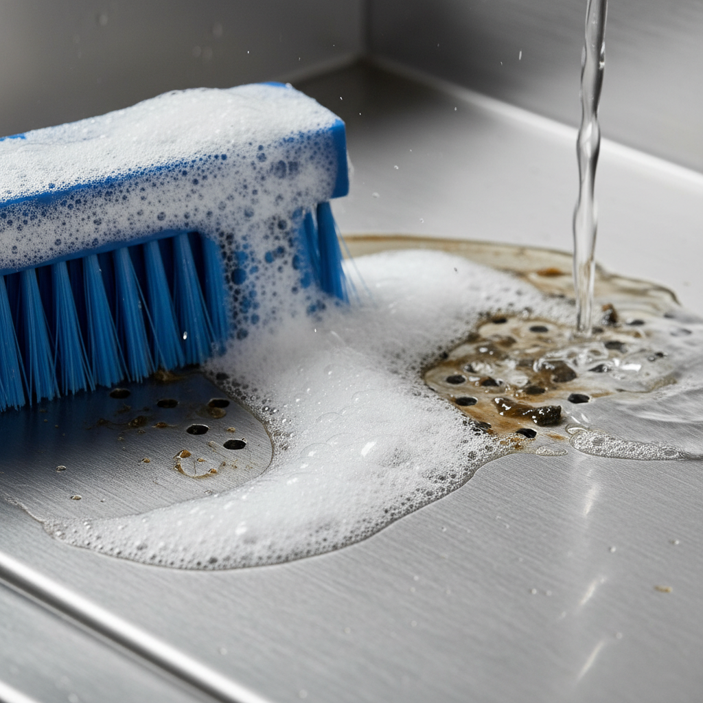 Close-up of baffle filter deep cleaning with foaming degreaser and nylon brush for restaurant hood maintenance