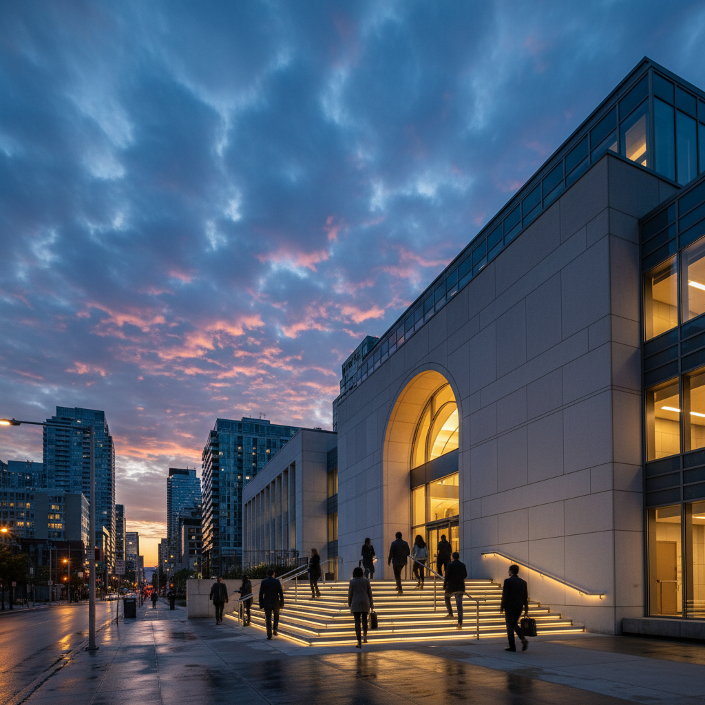 Toronto courthouse exterior at dusk symbolizing family law proceedings and spousal support cases in Ontario