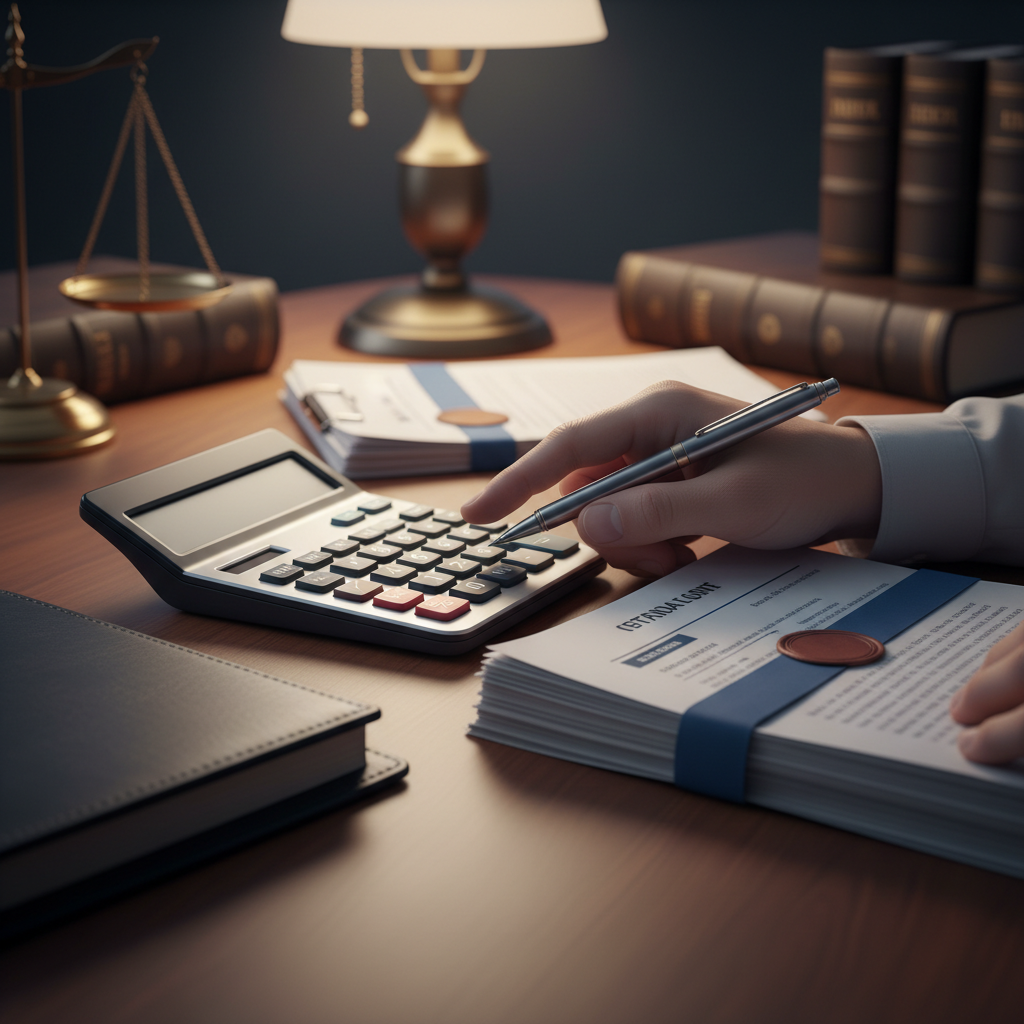 Close-up calculator and legal documents illustrating spousal support calculation in Ontario under SSAG guidelines