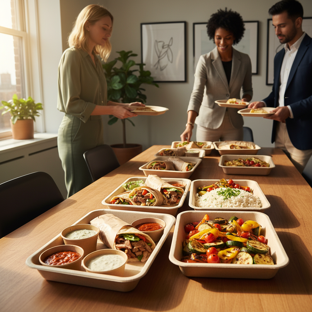 Shawarma catering trays set in a Toronto conference room showing boxed meals, platters, and sides ready for quick service