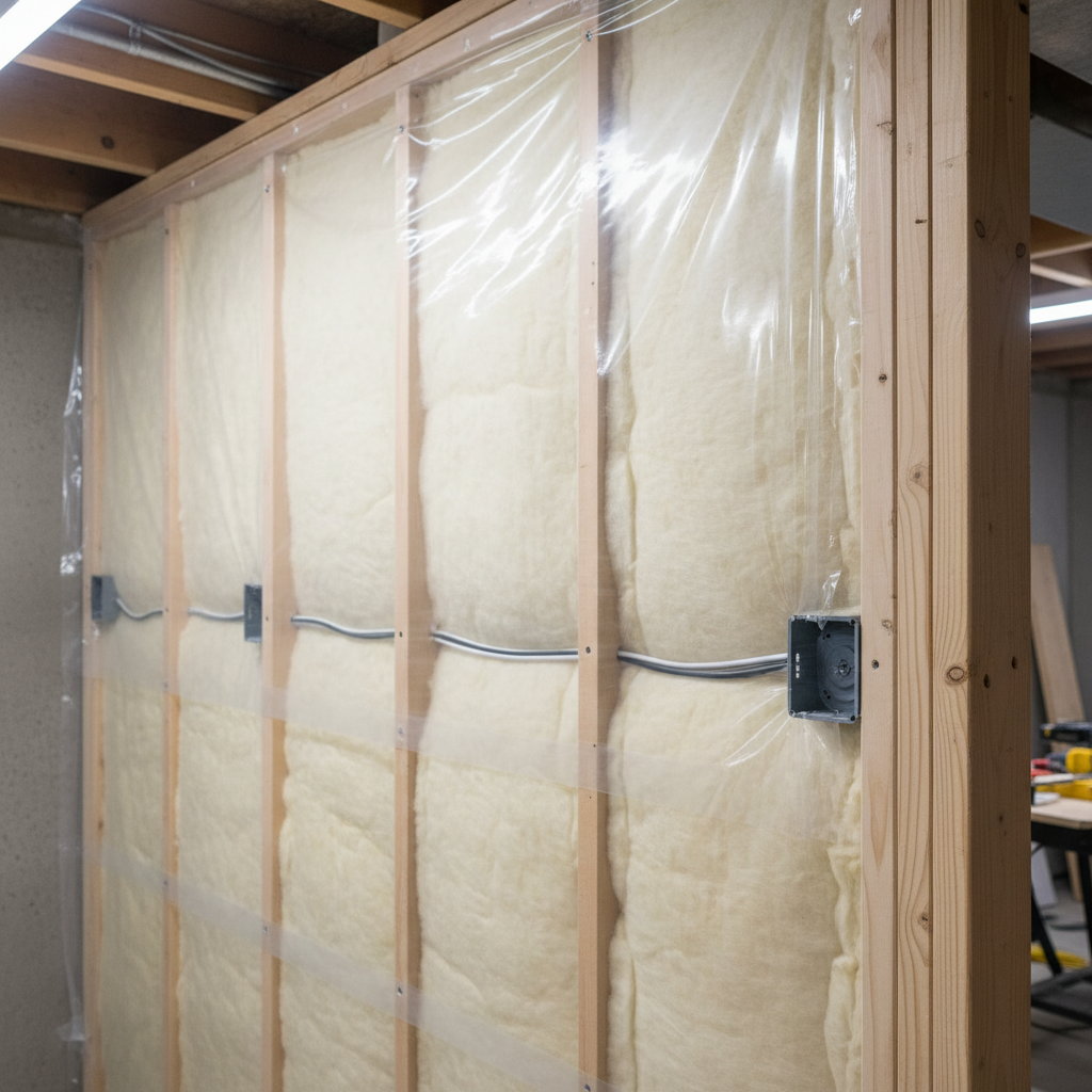 Basement Finishing Cost Breakdown: Cut Surprises, Plan Right 1 Close-up of basement insulation, vapor barrier, and electrical rough-ins for a basement finishing cost breakdown checklist
