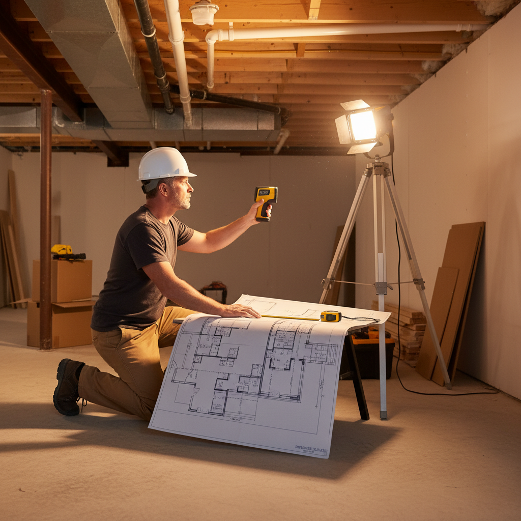 Basement Finishing Cost Breakdown: Cut Surprises, Plan Right 2 Contractor measuring an unfinished basement with a laser and plans to prepare a basement finishing cost breakdown
