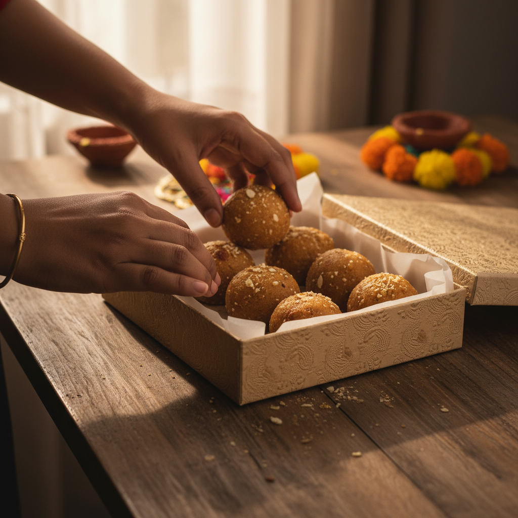 Hands packing Punjabi pinnis into a parchment-lined, gift-ready mithai box