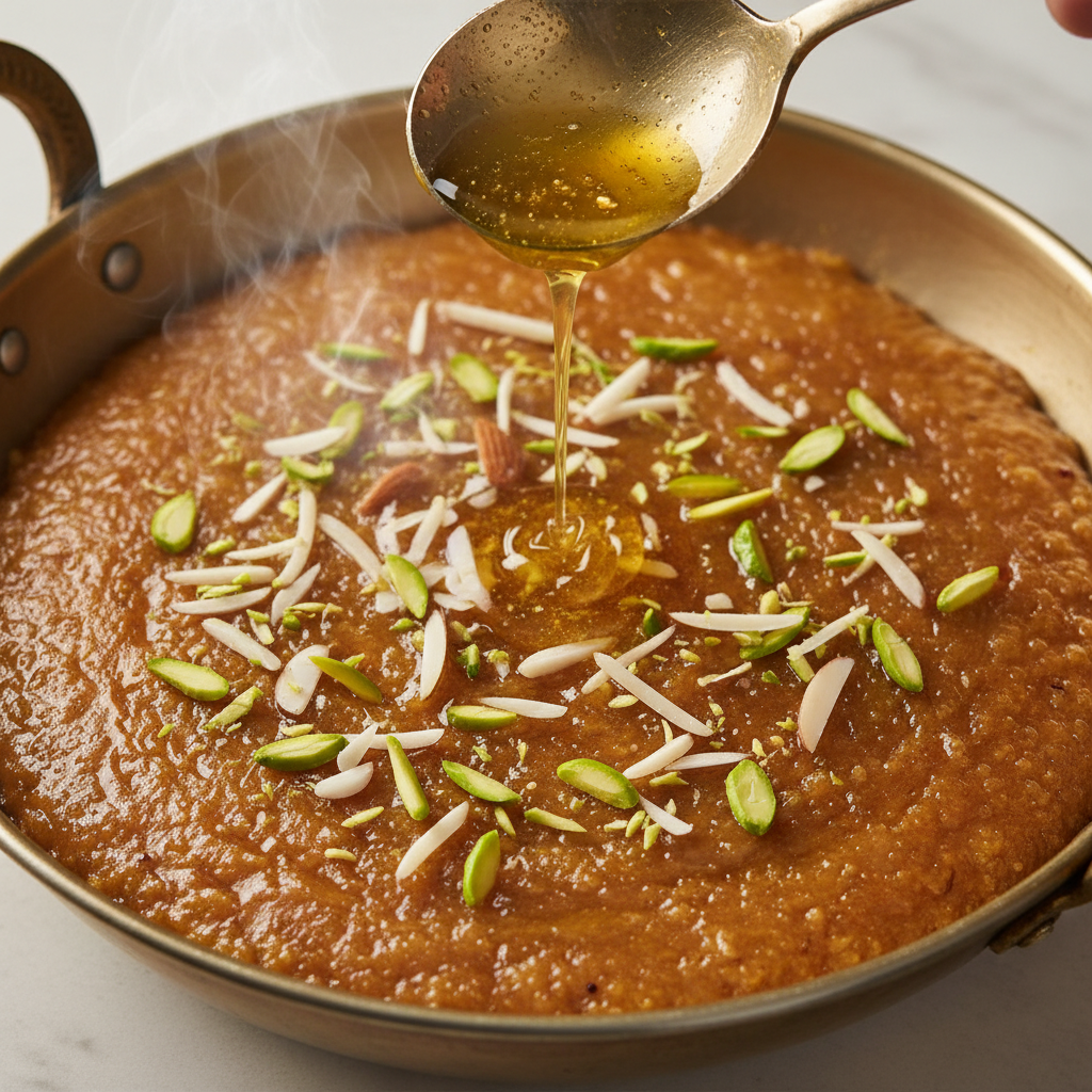 Close-up of suji halwa finished with desi ghee and nuts, highlighting glossy, spoonable texture