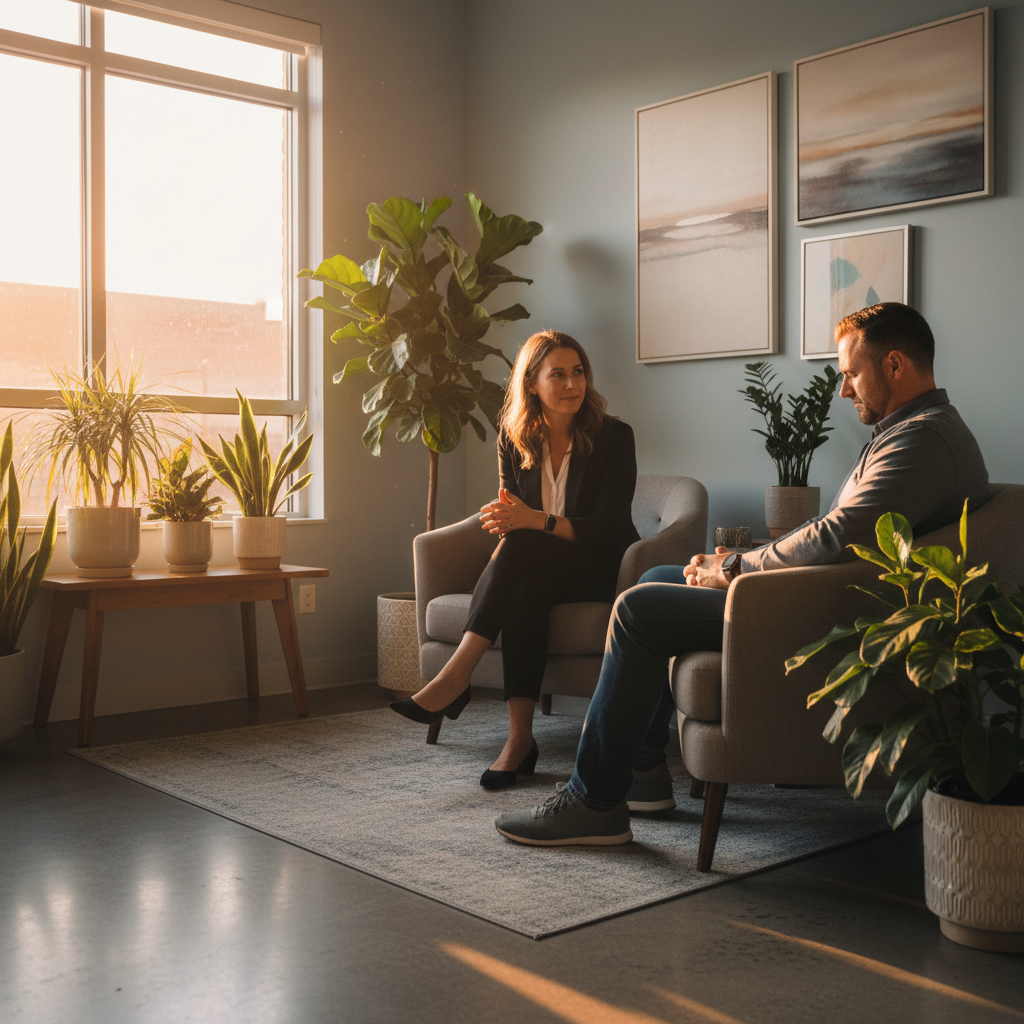 Private counseling session at a westside methadone clinic, clinician and patient in a calm, supportive setting for addiction recovery