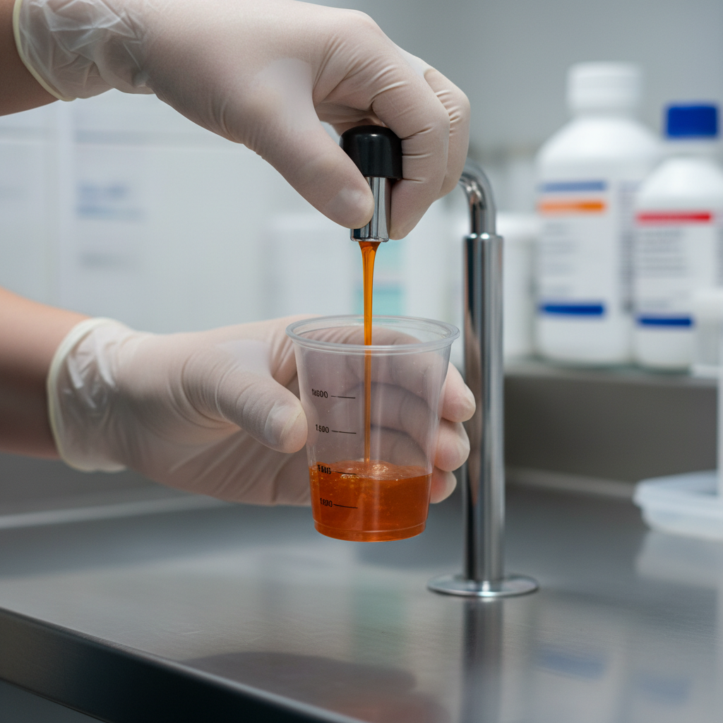 Close-up of measured methadone dose at a westside methadone clinic dispensing counter, showing precise, supervised OAT care