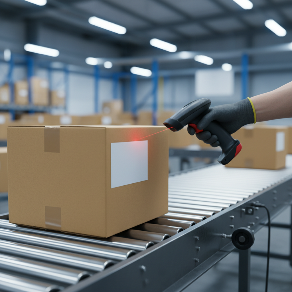 Close-up of barcode scanning on a conveyor, illustrating process automation and operational efficiency improvement strategies in warehousing and finance ops