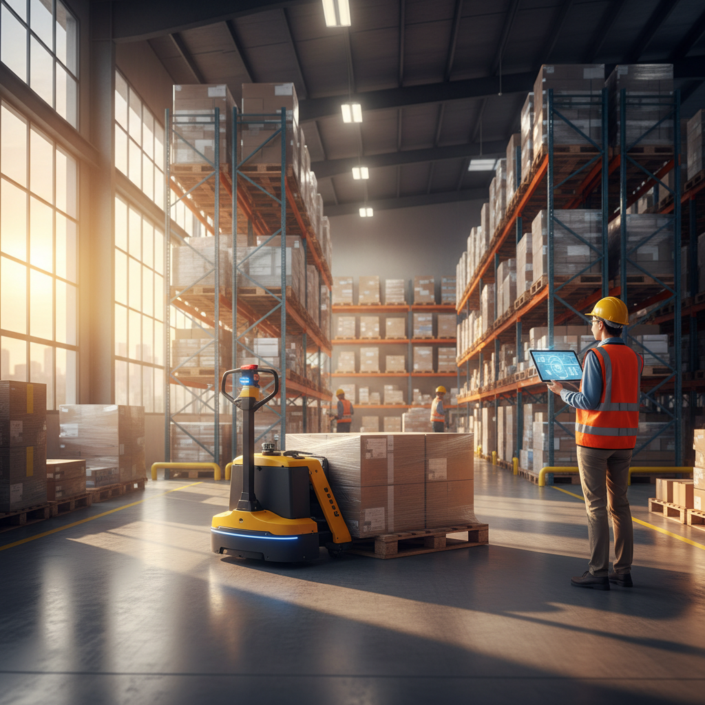 Side-angle warehouse operations with autonomous pallet jack and supervisor using a tablet, depicting standardized workflows and audit-ready execution