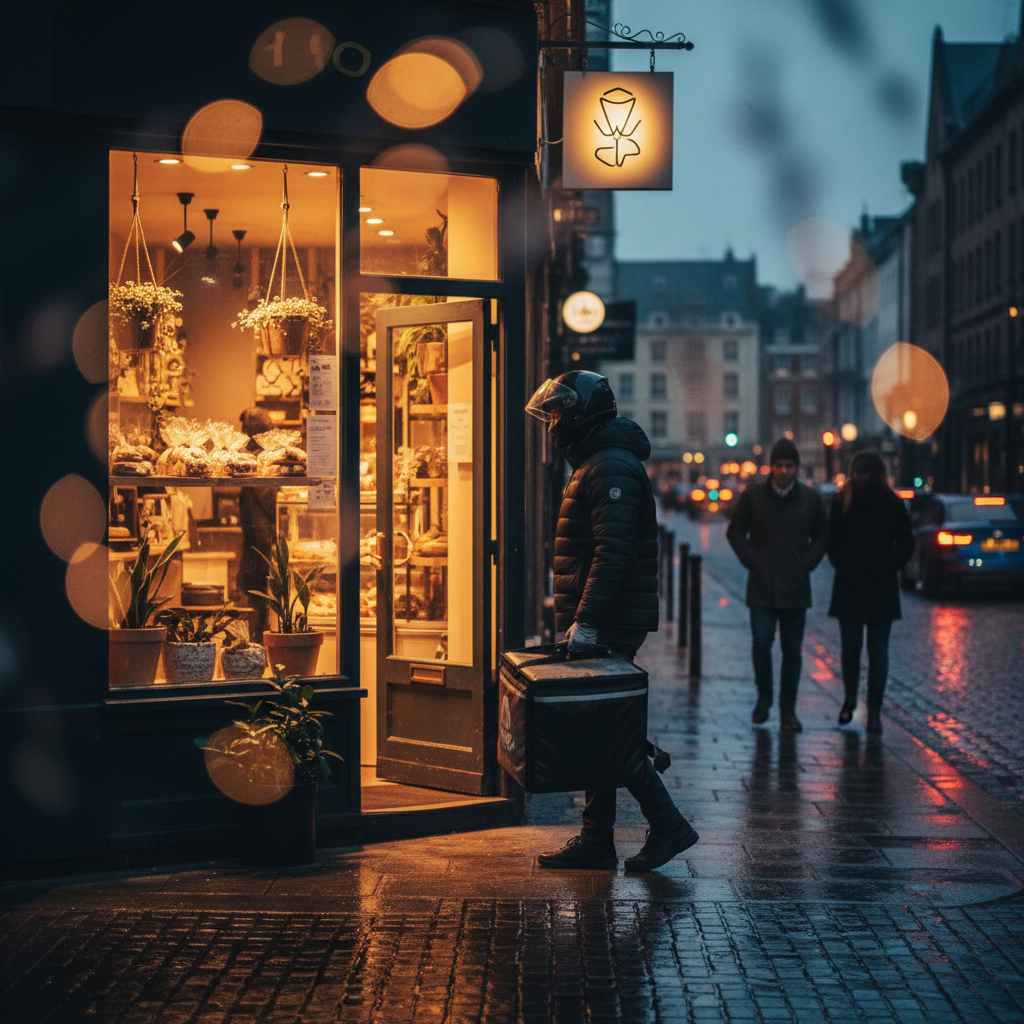 Local search in action: courier delivering to a small shop at dusk, symbolizing foot traffic gains from local ranking improvements strategies and Google map pack visibility