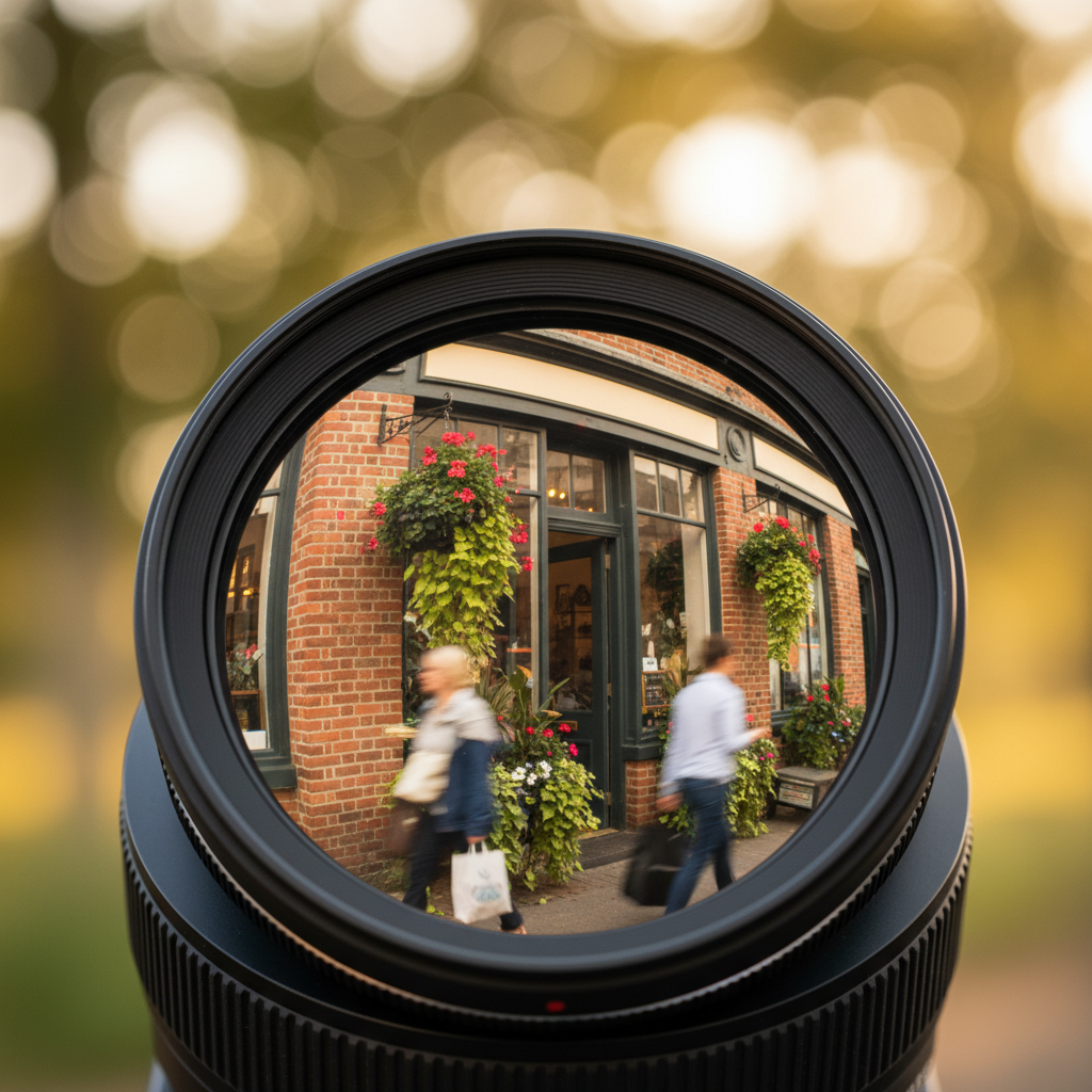 Local SEO detail: photorealistic lens reflection of a brick storefront, illustrating accurate visuals for Google Business Profile photos and local ranking improvements strategies