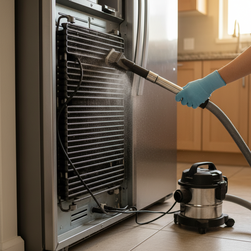 Cleaning condenser coils at the back of a refrigerator with a soft brush vacuum to restore cooling performance in a condo kitchen