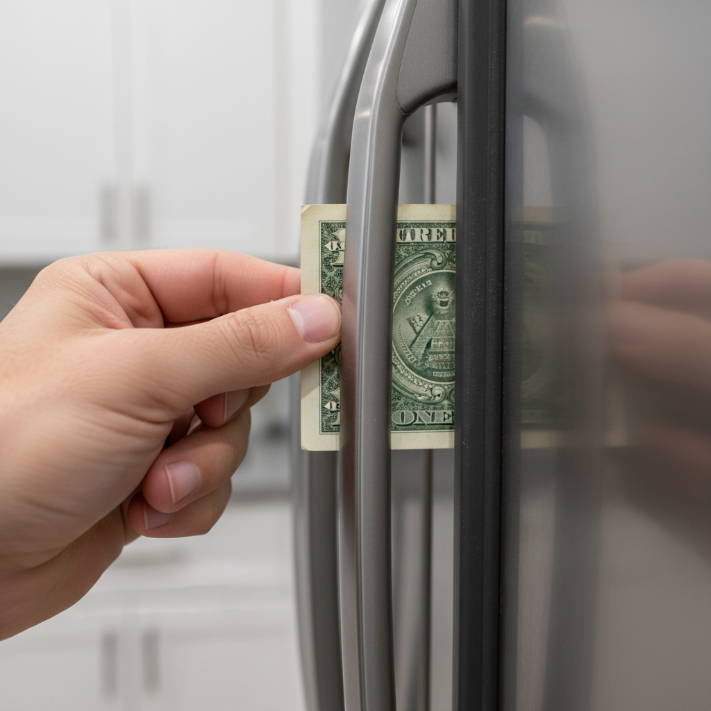 Close-up dollar-bill test on a refrigerator door gasket to diagnose warm air leaks before scheduling refrigerator repair in Toronto