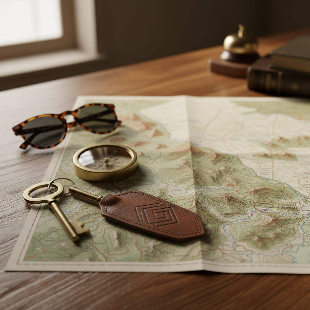 Detail shot of motel concierge items: room key, compass, and map for local travel advice motel concierge service in North Conway