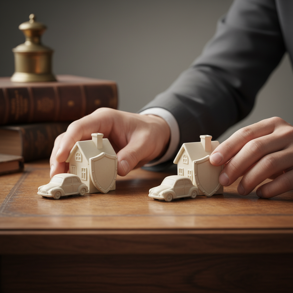 Close-up of house, car, and shield figurines symbolizing a multi-policy bundling insurance savings strategy in Ontario