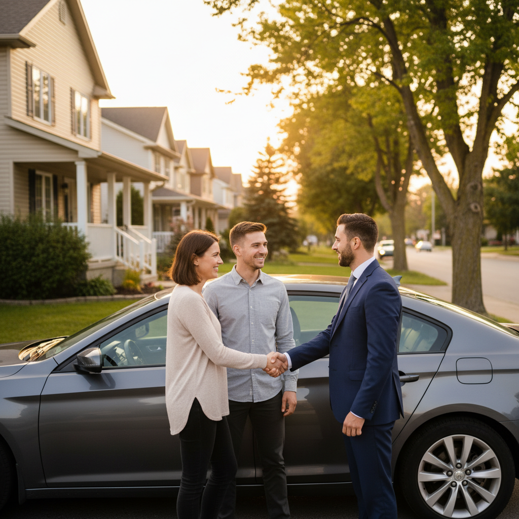 Ontario insurance broker greets clients in front of a suburban home and car, illustrating bundled auto and home coverage