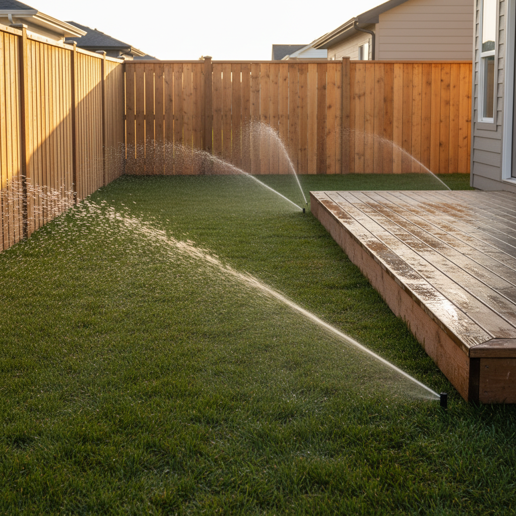 Newly laid sod in a Mississauga backyard being watered by sprinklers near a wood deck and privacy fence at golden hour