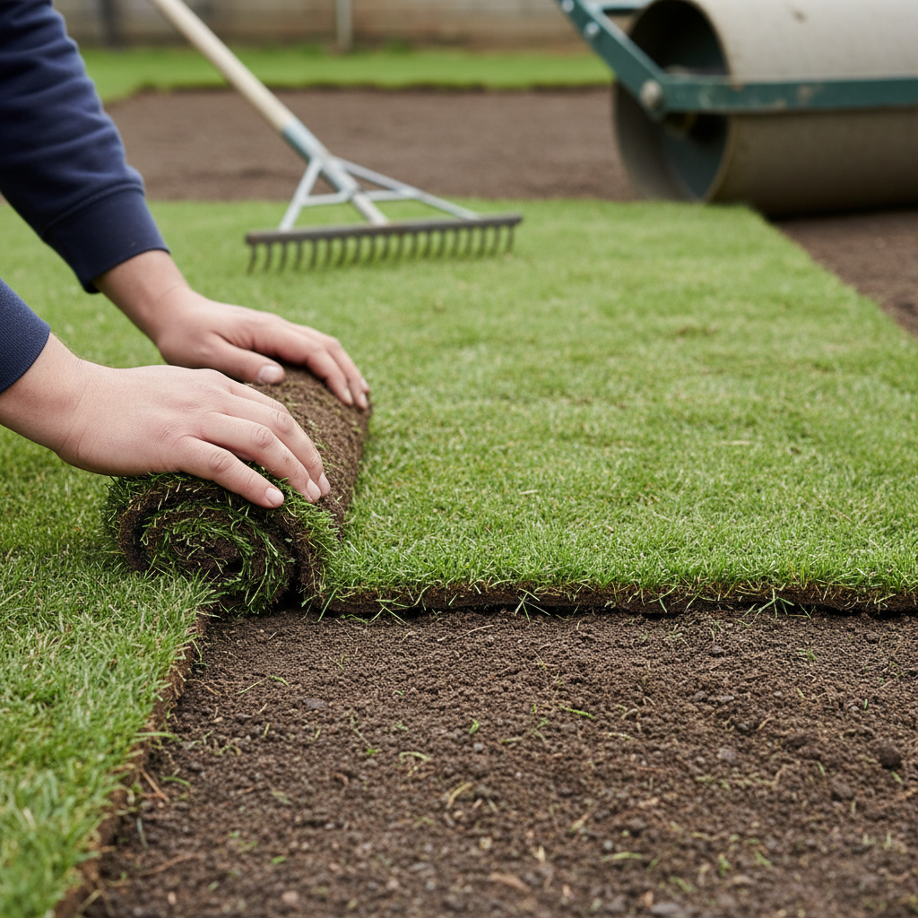 Close-up of sod seams being aligned over leveled topsoil during sod installation in Mississauga, showing tight joints and proper base preparation