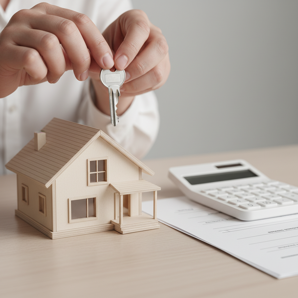 Close-up of house key, model home, and calculator symbolizing Australian lenders home loans comparison and mortgage features like offset and redraw