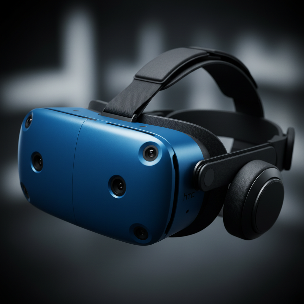 Close-up of HTC Vive Pro headset showing blue faceplate, dual cameras, integrated headphones, and adjustable strap