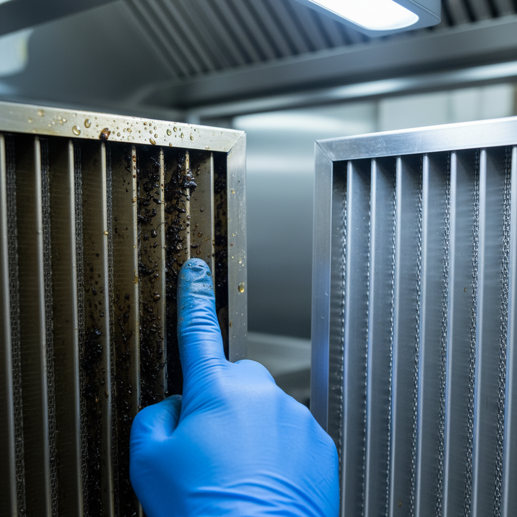 Close‑up of greasy and new stainless baffle filters during a kitchen hood filter replacement schedule inspection