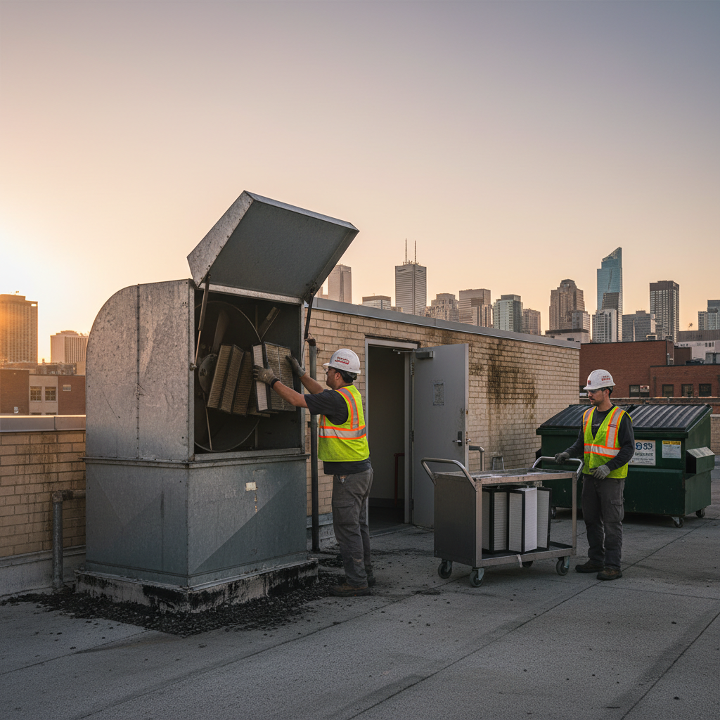 Technician servicing a rooftop exhaust fan housing during a scheduled kitchen hood filter exchange in Ontario