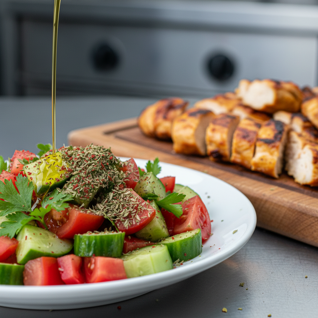 Close-up of Turkish salad ingredients and shawarma slices highlighting Turkish cuisine health benefits like fiber and healthy fats