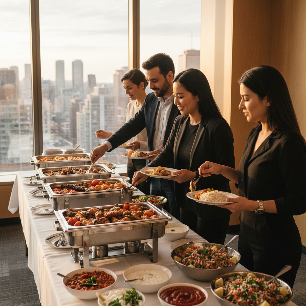 Office catering buffet with Turkish cuisine trays showing salads, grains, and grilled proteins for healthier corporate lunches in Toronto